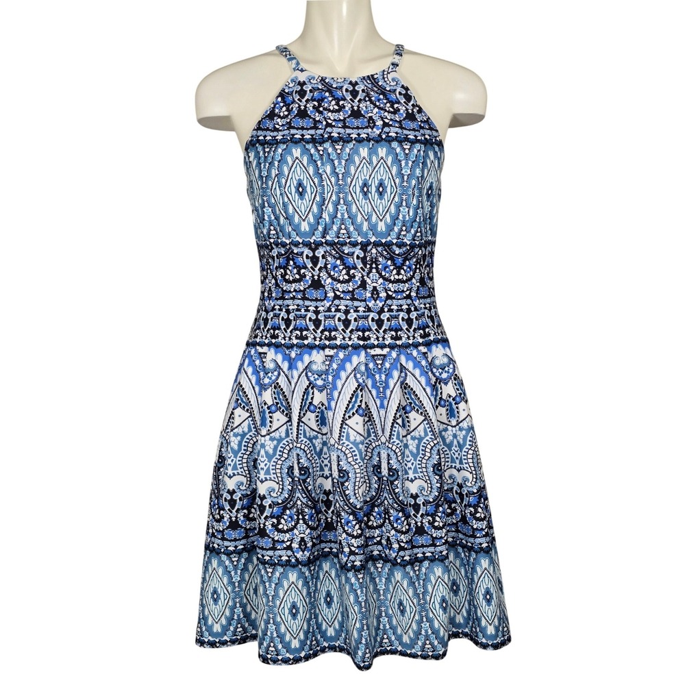 Vince Camuto Women Blue White Paisley Sleeveless Halter Fit Flare Dress 8